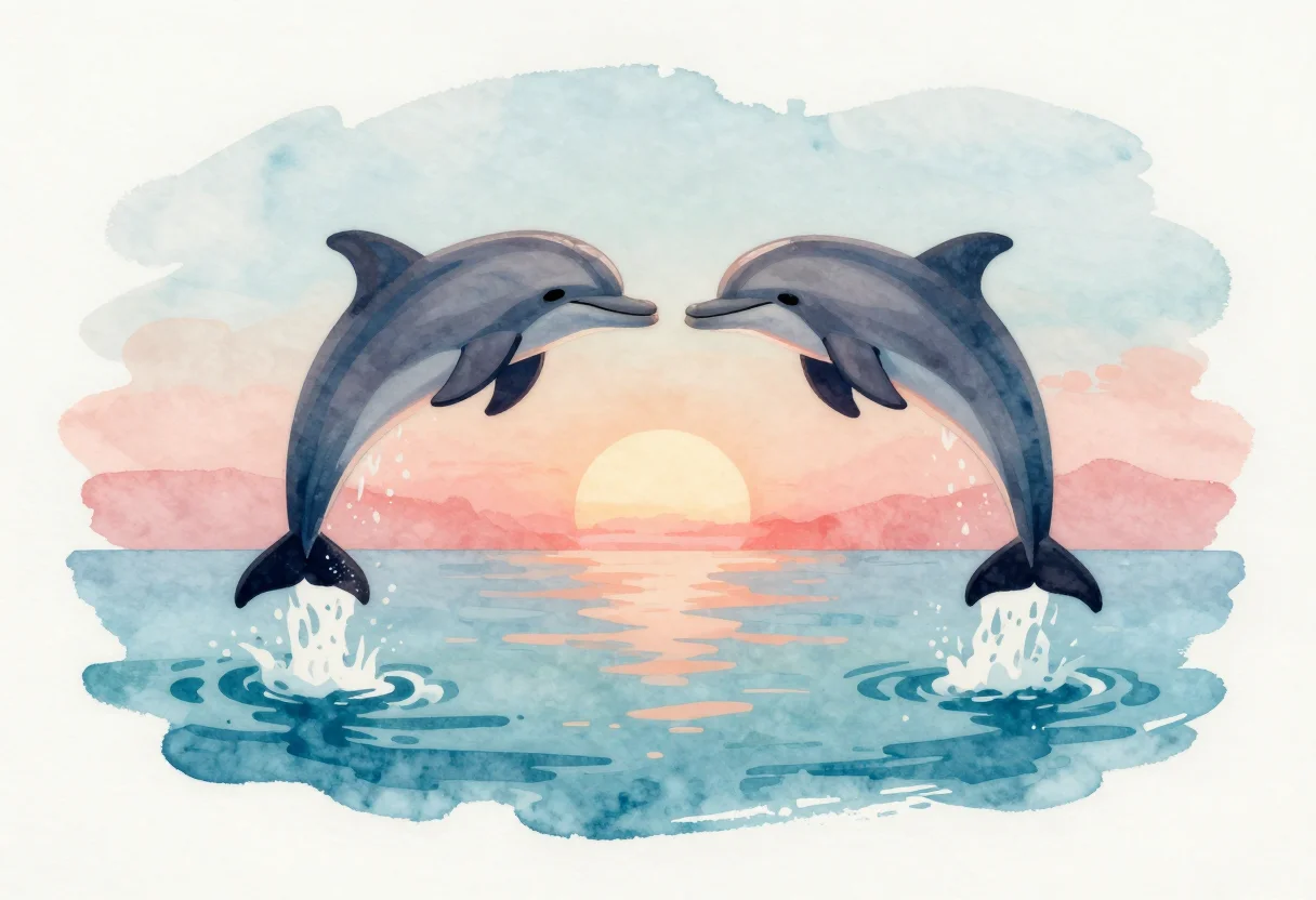 Dolphins — two dolphins leaping side by side in matching arcs above a calm sea at sunset, water falling from their tails, the sun low behind them, a loose watercolor with soft bleeding edges, dry-brush spray and visible paper grain, no outlines anywhere