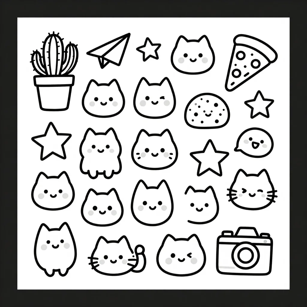 Doodle art sheets — a hundred tiny everyday things — a cactus in a pot, a paper plane, a slice of pizza, a cat, a star, a camera, kawaii doodles, every object rounded and plump with a small smiling face, thick even outlines