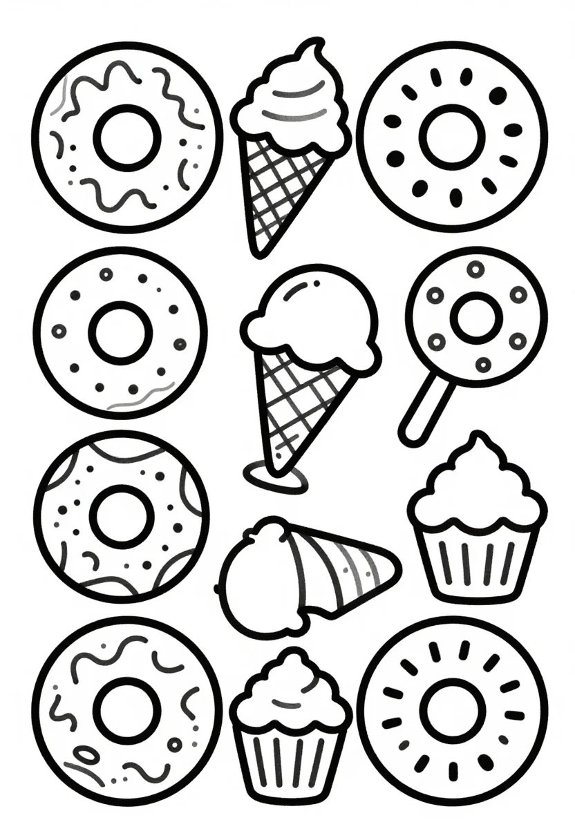 Doodle coloring pages — a page crowded with overlapping doodles of donuts, ice-cream cones, lollipops and cupcakes, no gaps between them, bold rounded black marker outlines with simple shapes, large enough for crayons