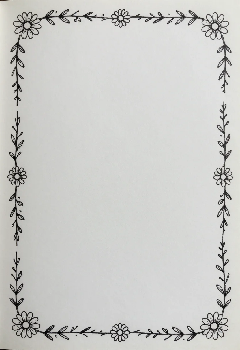 Doodle frames — a page border of looping vines, daisies and small leaves running all round the edge, the large center left completely blank, fine black pen line work, a light and airy border of even thin weight