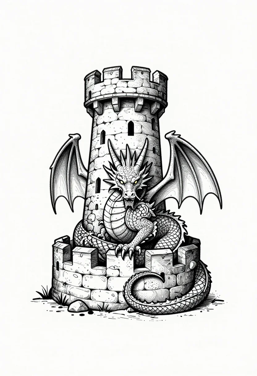 Dragons — the dragon coiled around a ruined stone tower, claws hooked over the battlements, wings folded, its head resting on the parapet, fine-line tattoo linework, clean weighted outlines and dotwork shading, no grey wash