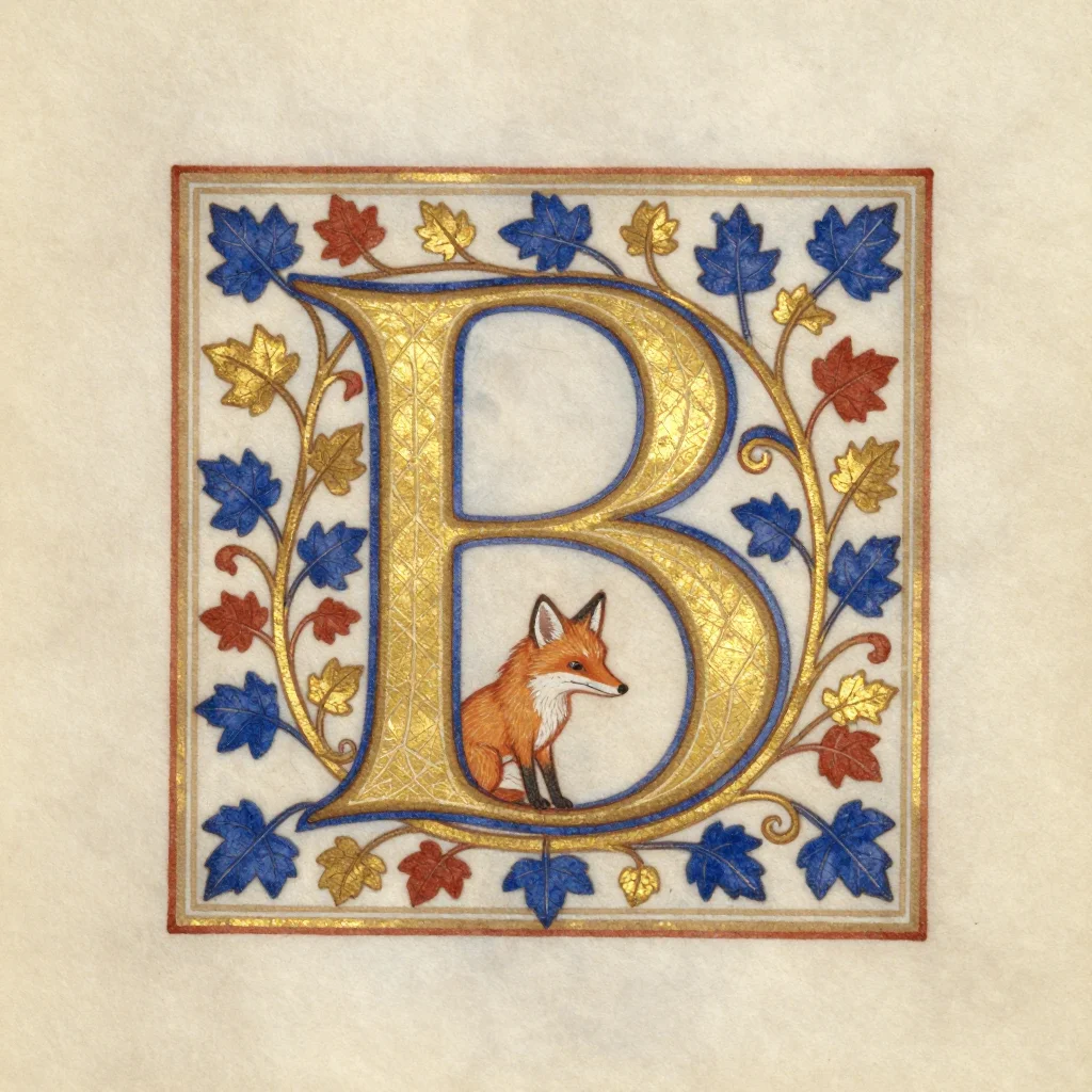 Drop caps — the capital letter "B" wrapped in curling vine stems and small leaves, a fox peering out from behind the lower bowl, an illuminated manuscript initial, flat medieval color inside a ruled border, burnished gold leaf on the letter itself and fine white tracery over the ornament