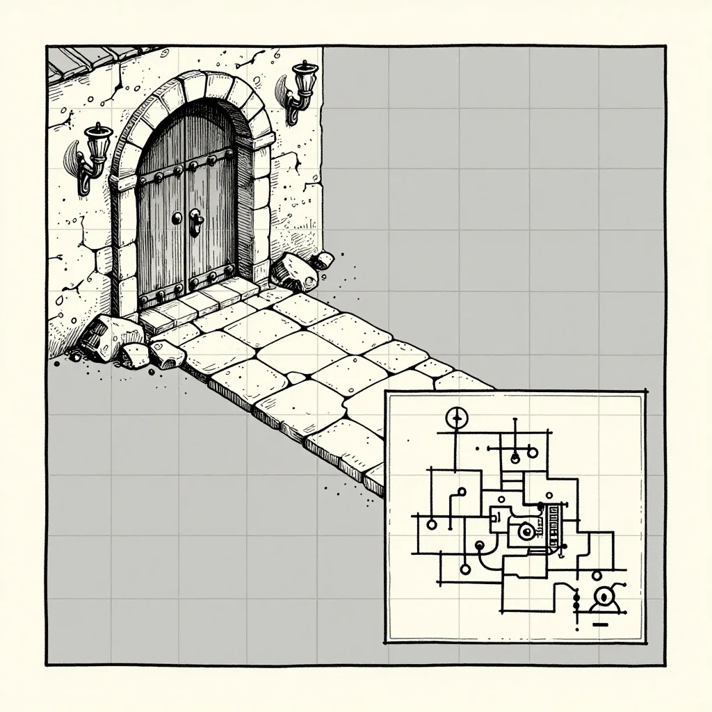 Dungeon tiles — a stone-flagged dungeon corridor turning past a heavy iron-banded door, a torch bracket on the wall and rubble heaped in one corner, a hand-inked module map, uniform black outlines, hatched stone and cross-hatched shadow, the one-inch grid ruled in thin black
