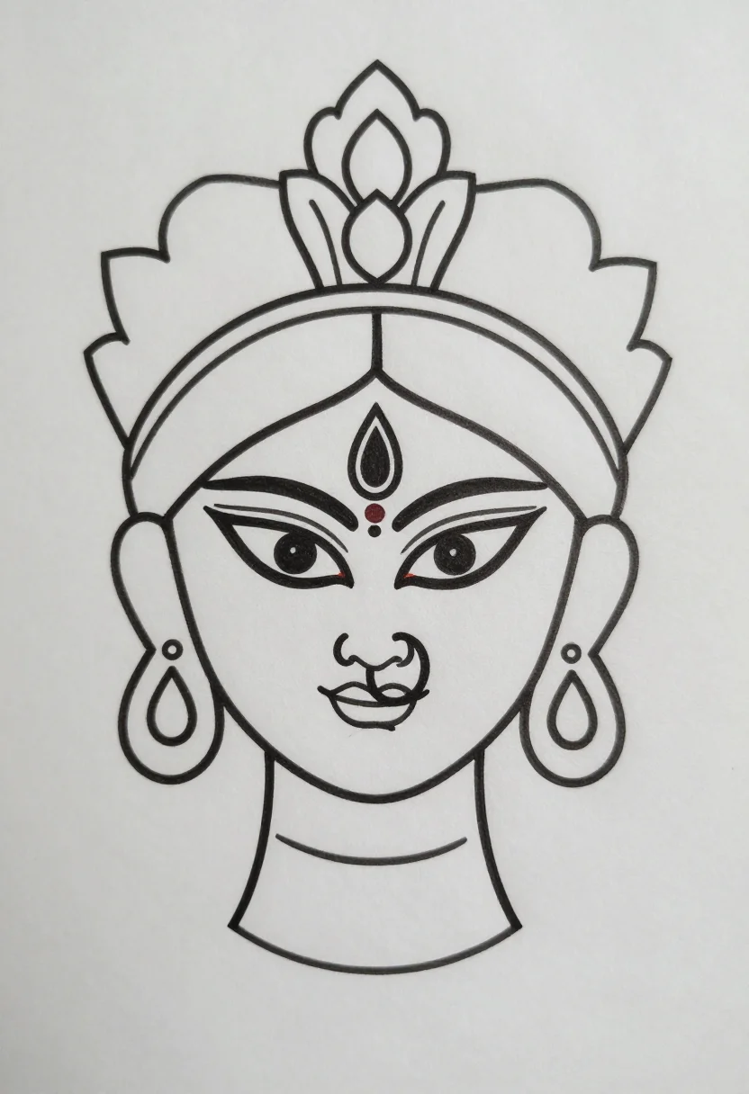 Durga drawings — the face of Maa Durga with large almond eyes, the third eye on her forehead, a tall mukut crown, a nose ring and heavy earrings, a coloring-page outline in bold black lines of even thickness, large open shapes left empty to colour in
