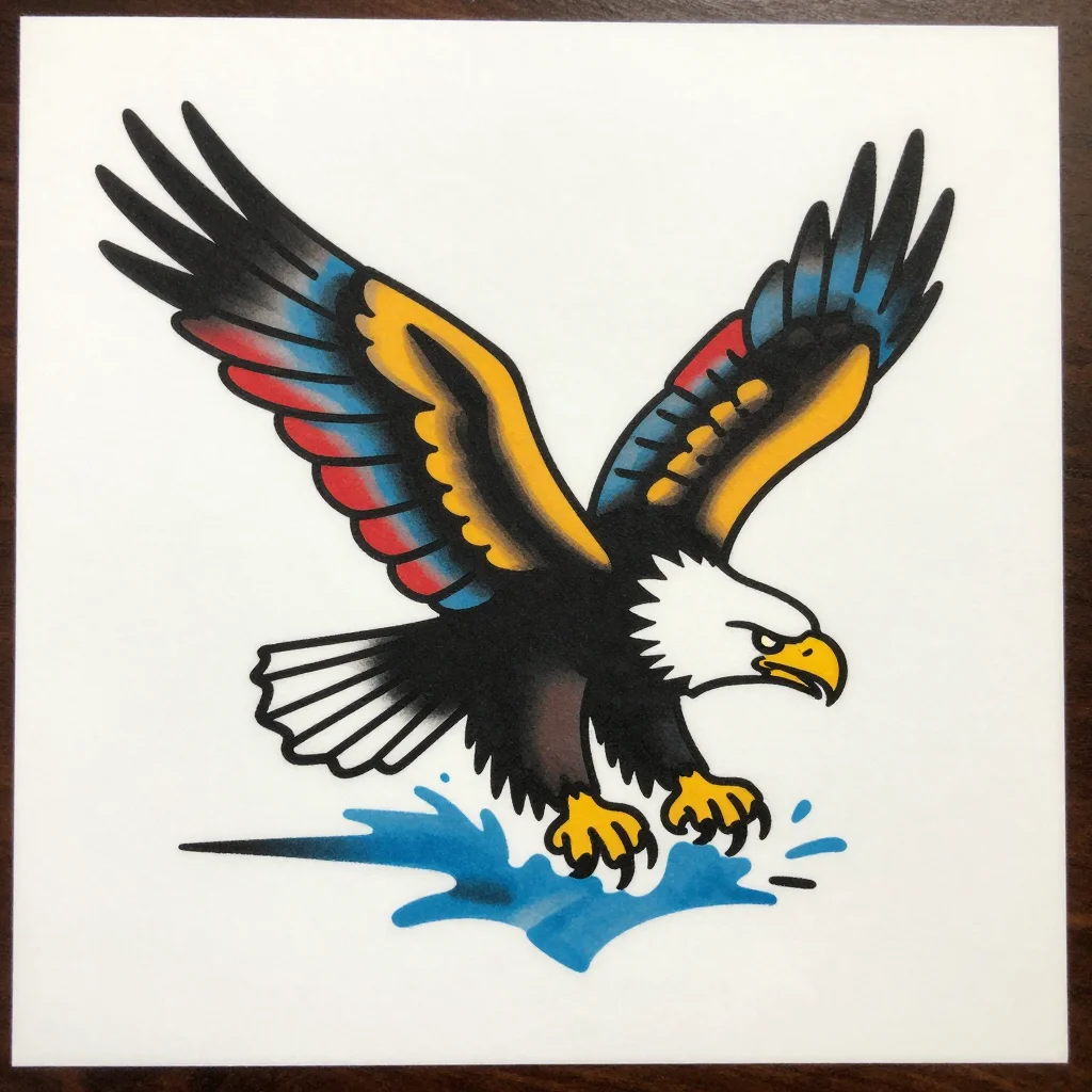 Eagles — a bald eagle diving toward water with wings swept back and talons stretched open, the white head sharp against dark wings, spray rising below, American traditional tattoo flash with bold black outlines, flat unshaded fills and heavy black shading through the feathers