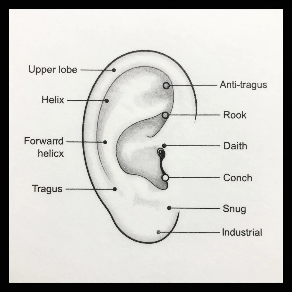 Ear piercing charts — a large ear drawing with dots and leader lines labelled "Lobe", "Upper lobe", "Helix", "Forward helix", "Tragus", "Anti-tragus", "Rook", "Daith", "Conch", "Snug" and "Industrial", technical line art with uniform thin black outlines, each piercing as a small dot or ring