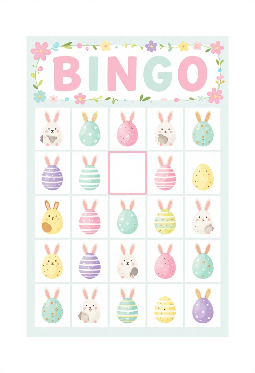 Easter bingo cards — A bingo card with a 5 by 5 grid of small easter pictures, an egg in the centre free square, headed exactly "BINGO", pastel easter printable, egg and floral borders, soft rounded lettering, print-ready