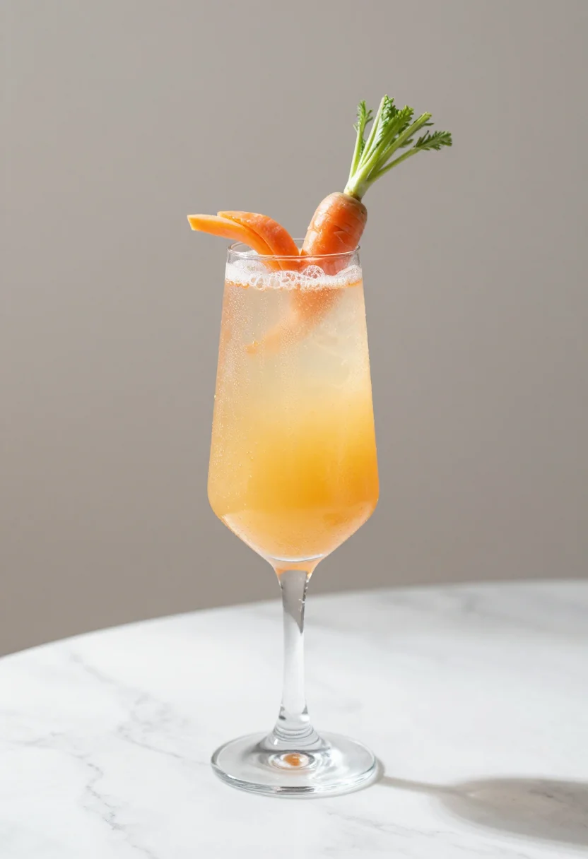 Easter cocktails — a tall flute of carrot-orange mimosa, the bubbles rising in a fine thread from the base, a curl of carrot ribbon and a feathered carrot top laid over the rim, the glass beaded with cold on a marble table, photographed in bright soft daylight arriving from camera-left, the tonal balance held light and airy with one short shadow reaching from the foot of the glass and the drink glowing where the sun passes through it