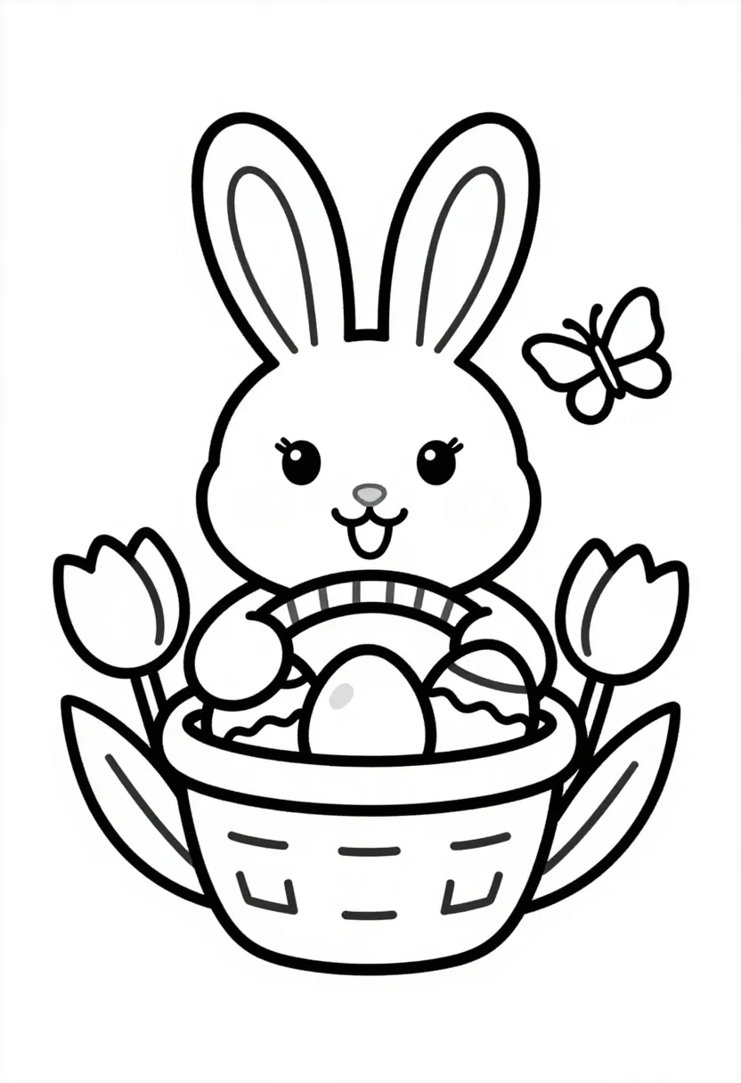 Easter coloring pages — A bunny holding a basket overflowing with eggs, tulips around, a butterfly, bold single-weight black outline drawing, large open shapes, clean closed line art