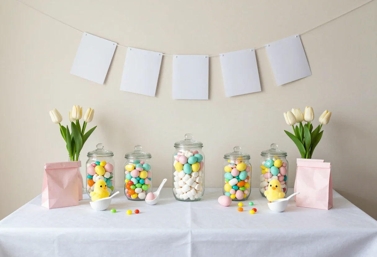 Easter dessert tables — a pastel candy bar of tall glass jars filled with sorted mini eggs, jelly beans and marshmallow chicks, scoops and small paper bags set beside them, a blank paper banner strung above and tulips standing at either end, photographed in bright soft daylight arriving from camera-left, the tonal balance held light and airy with one short shadow under each stand, the sugar matte and the glass catching a clean bright edge