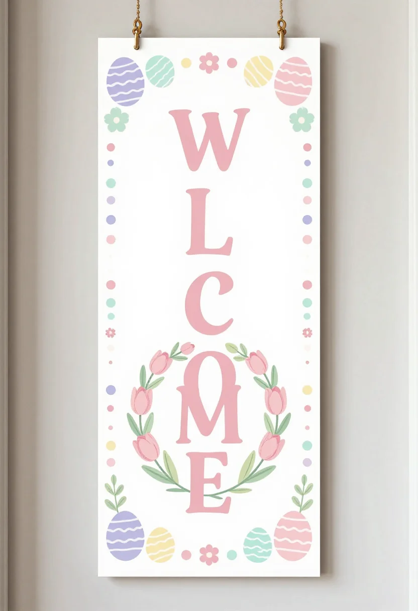 Easter door signs — A vertical door sign lettered "WELCOME" with a wreath of tulips below, a thick border, pastel easter printable, egg and floral borders, soft rounded lettering, print-ready