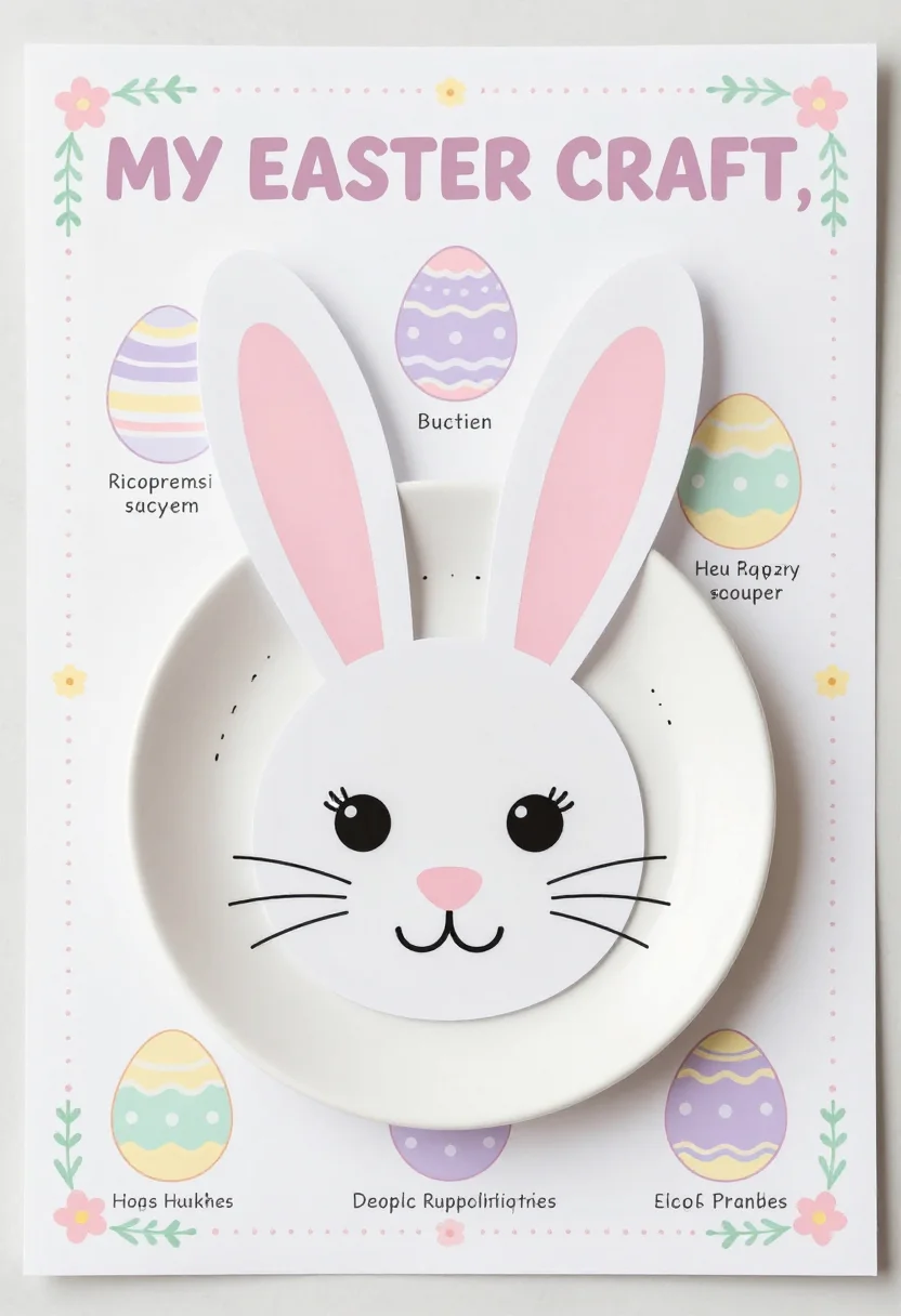 Easter kids' crafts — A craft template sheet with bunny ears, eyes and whiskers to cut and glue on a plate, dashed cut lines, the steps shown only as pictures, pastel easter printable, egg and floral borders, soft rounded lettering, print-ready