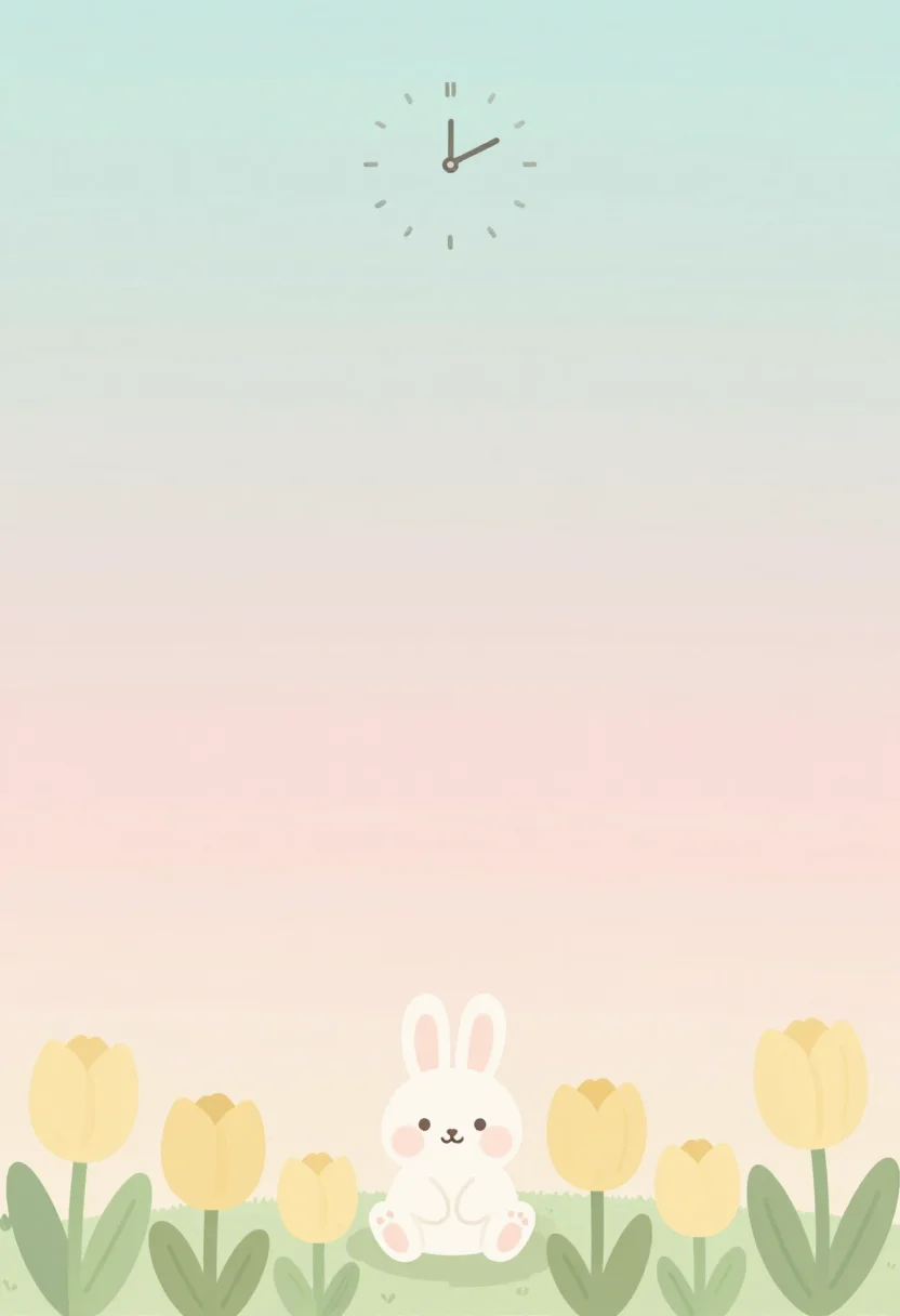 Easter phone wallpapers — A small bunny sitting among tulips at the bottom of the frame, a calm pale sky above, cute flat illustration, rounded shapes, soft and quiet