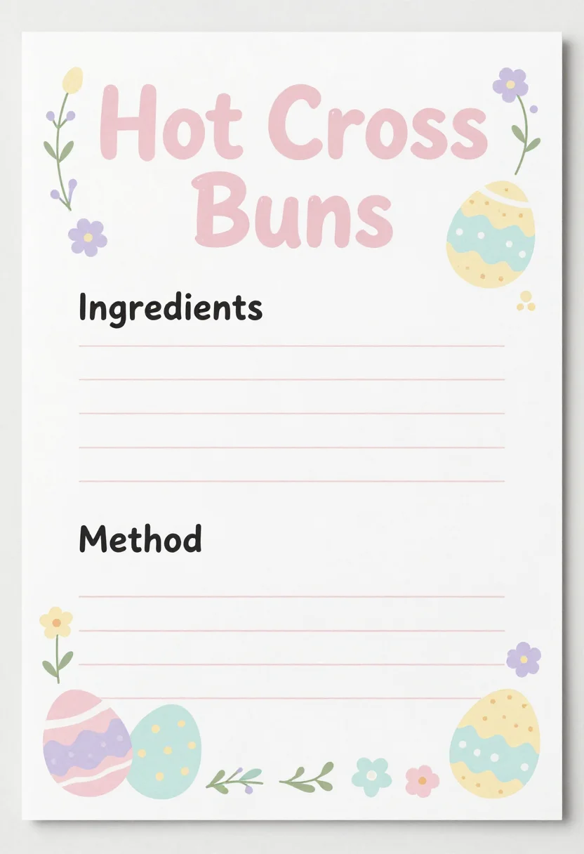Easter recipe cards — A vertical recipe card lettered "Hot Cross Buns" with "Ingredients" and "Method" headers and blank lines, a bun motif, pastel easter printable, egg and floral borders, soft rounded lettering, print-ready