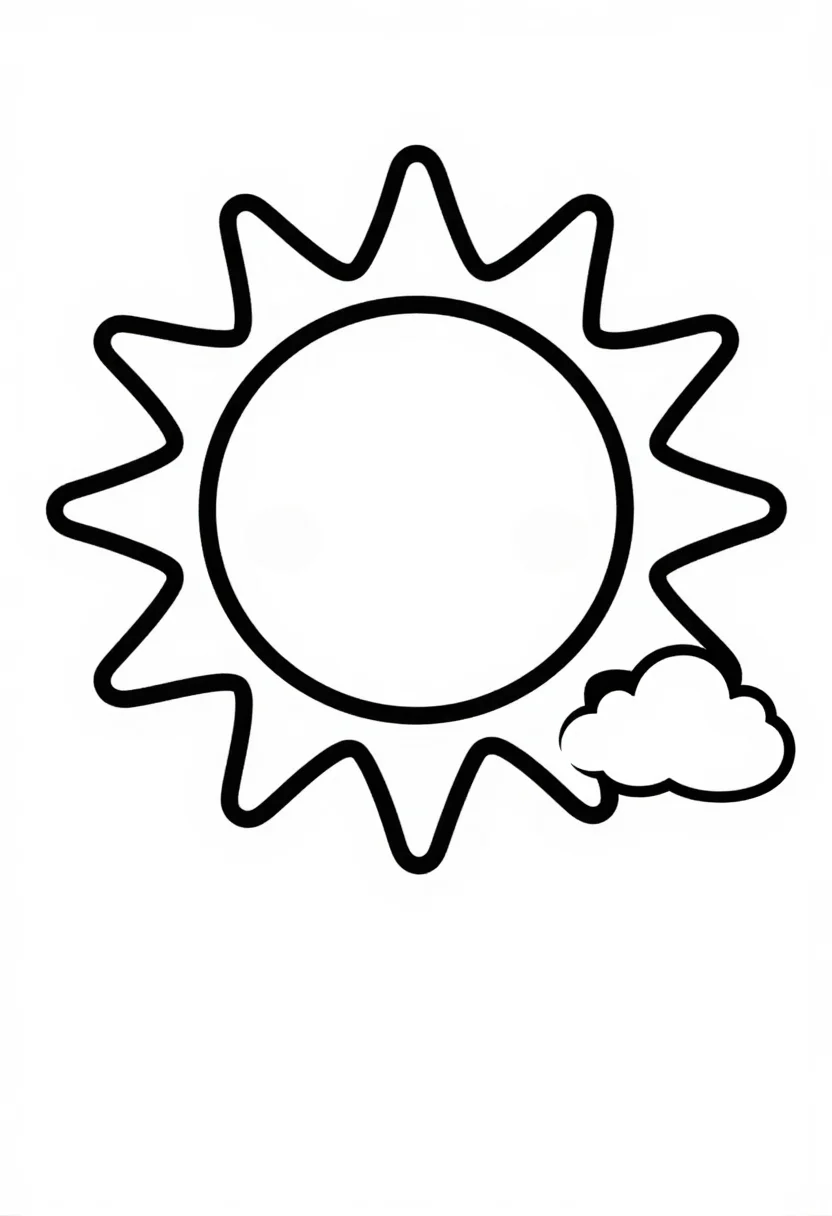 Easy coloring pages — a big smiling sun with rounded rays, rosy cheeks and two small clouds beside it, one very thick even black outline, a single big shape and almost no inner detail, open spaces wide enough for a fat crayon