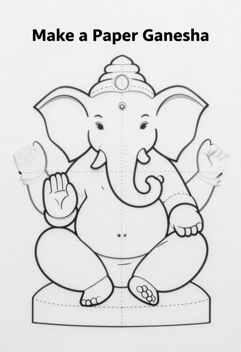 Eco Ganesh templates — a template headed "Make a Paper Ganesha" with the figure in separate parts, head with trunk, ears, body and base, with dotted cut lines, fold marks and glue tabs, clean black line art, uniform outlines, dotted cut lines and dashed fold lines, closed shapes, no fills, no gray tones