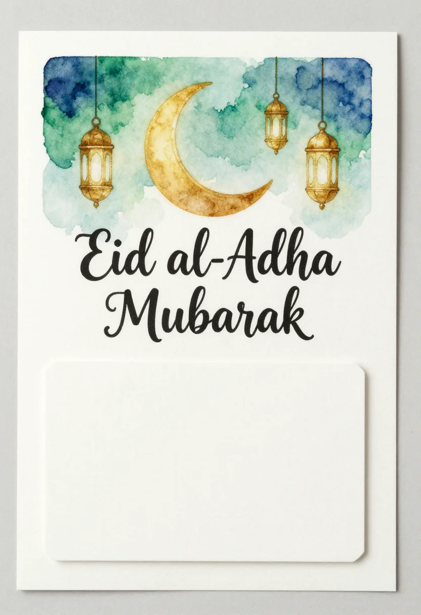 Eid al-Adha cards — a vertical card lettered "Eid al-Adha Mubarak" beneath a crescent moon and three hanging lanterns, a blank panel below for a message, soft watercolor illustration, loose edges, hand-lettered text