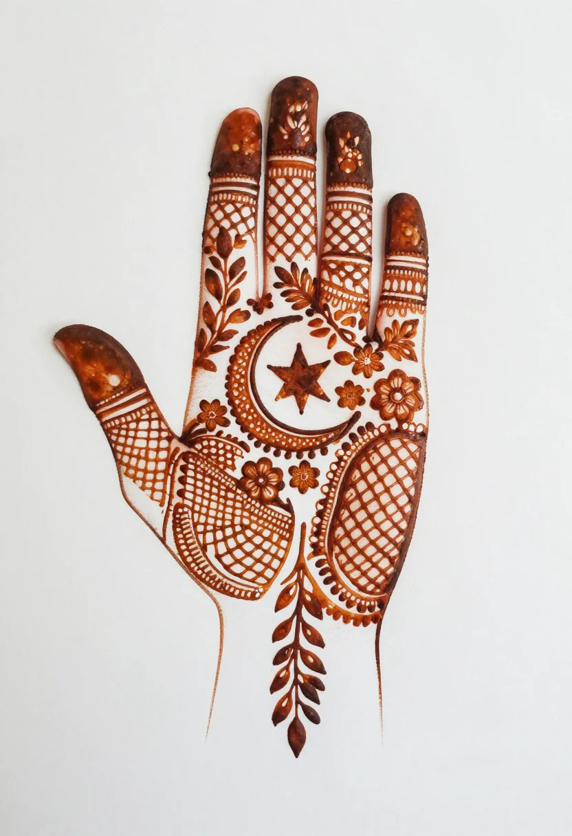 Eid mehndi — a back-hand design with a crescent and star at the centre circled by small flowers, a leafy vine running to the index finger and filled fingertips, traditional Pakistani and Indian work in a fine cone line, dense netting, checkerboard and dot fills between the motifs