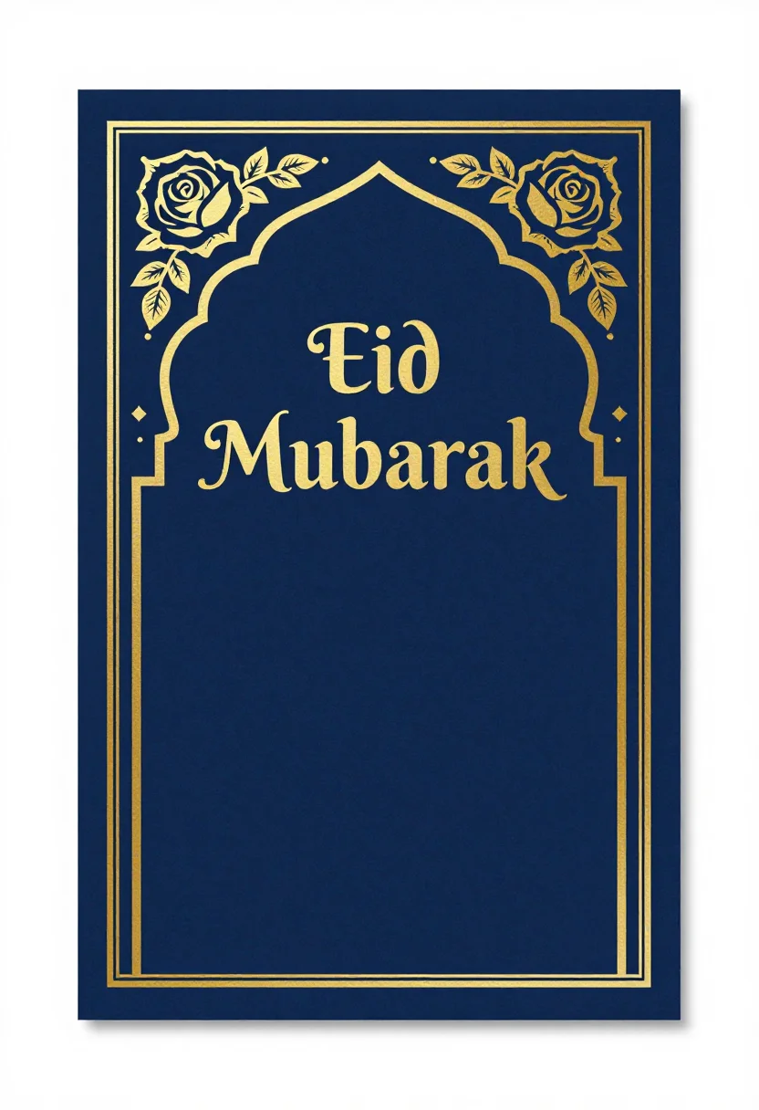 Eid Mubarak cards — a vertical card with a pointed arch framed in roses and leaves, "Eid Mubarak" lettered inside the arch and an empty panel beneath for a message, metallic gold foil linework with fine ornament and a thin double border