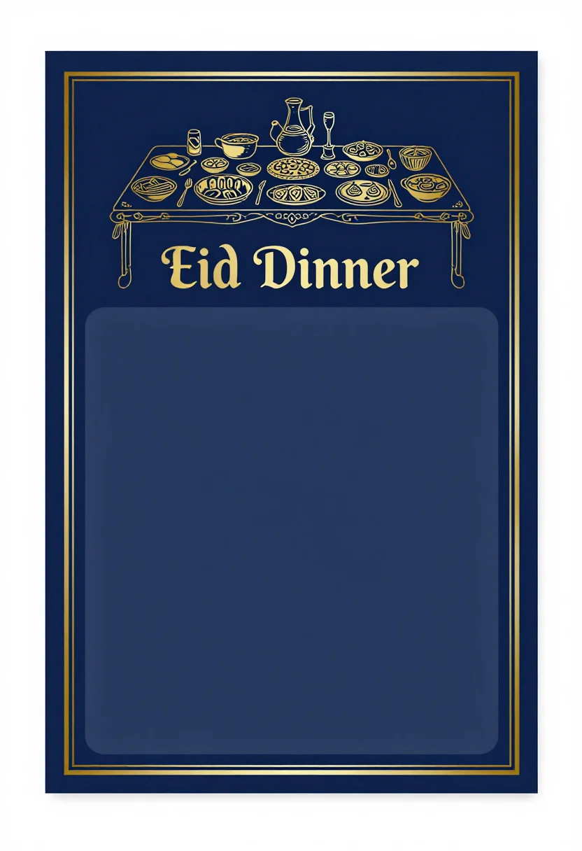 Eid party invitations — a vertical invitation headed "Eid Dinner" with a long table of dishes drawn small above, and a large clear empty panel below for the details, metallic gold foil linework with fine ornament and a thin double border