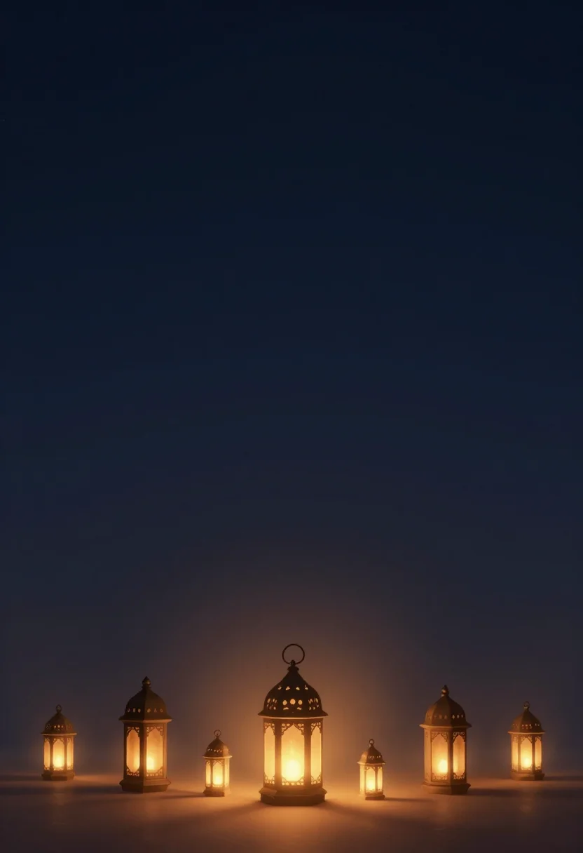 Eid phone wallpapers — lanterns of different sizes glowing at the bottom of the frame against a deep night sky, the upper half dark and calm, atmospheric digital painting, soft glowing light, deep haze, smooth gradients from the lit lower part to the dark sky