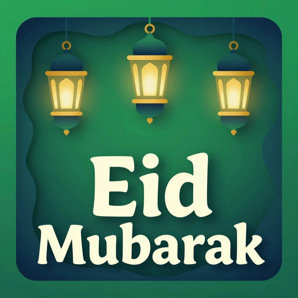 Eid social posts — a square post with three glowing lanterns hanging from the top edge and "Eid Mubarak" lettered large in the lower half, layered paper-cut illustration with smooth gradient-free fills and soft stacked depth between the shapes