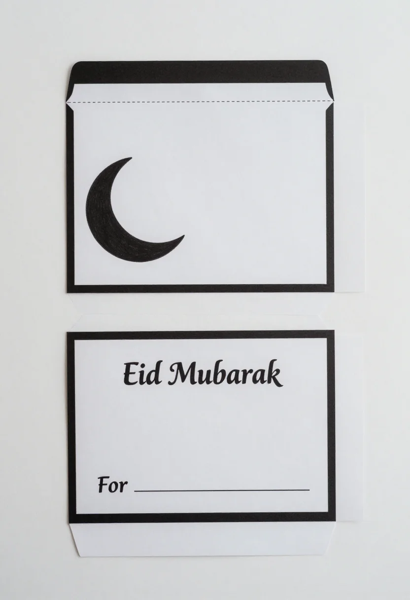 Eidi envelopes — a flat envelope net with four flaps and dashed fold lines, the front panel lettered "Eid Mubarak" with a crescent and a blank "For" line beneath, bold black outlines on empty shapes, the drawings left to colour in