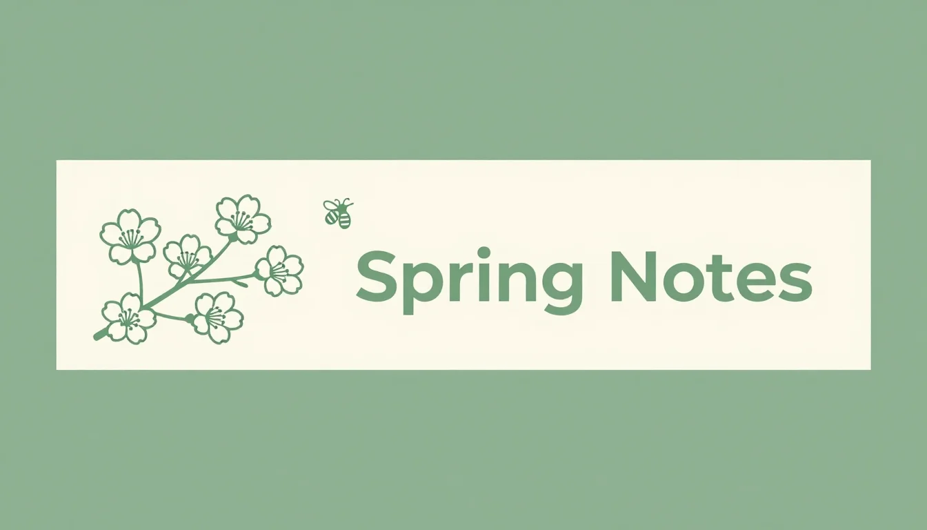 Email headers — a spring illustration of blossom branches and one small bee beside the words "Spring Notes", a simple flat two-colour line illustration, thin even outlines, smooth gradient-free fills