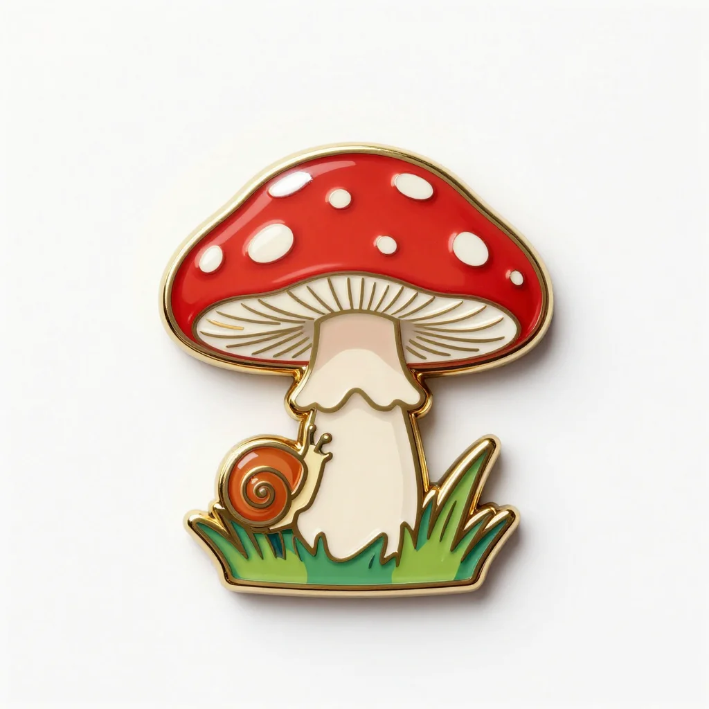 Enamel pin designs — a red-capped mushroom with white spots, a curl of grass at its foot and a tiny snail climbing the stem, hard enamel pin artwork, flat color regions separated by raised polished gold metal lines, one white highlight flare running across the glossy dome