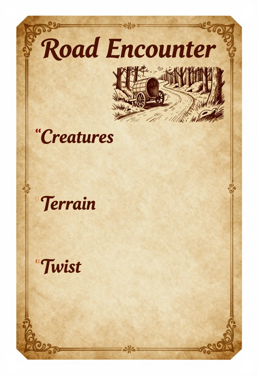 Encounter cards — a card headed "Road Encounter" with a small drawing of a broken cart on a forest road, and labelled lines "Creatures", "Terrain" and "Twist", aged parchment look, hand-inked brown linework, an ornate corner border, calligraphic headings