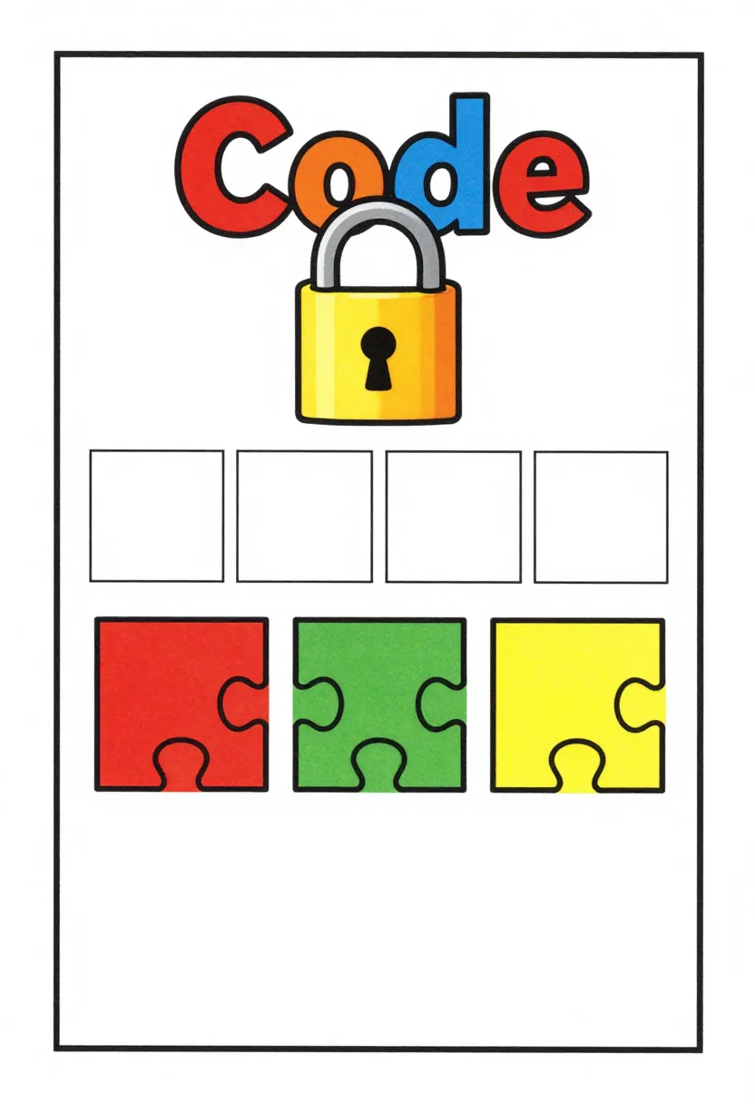 Escape room puzzles — a puzzle sheet headed "Code" with a large padlock drawn at the top, four empty digit boxes beneath it, and three picture clues in a row for finding the code, friendly cartoon puzzle look, chunky outlines, big rounded shapes, a playful rounded title