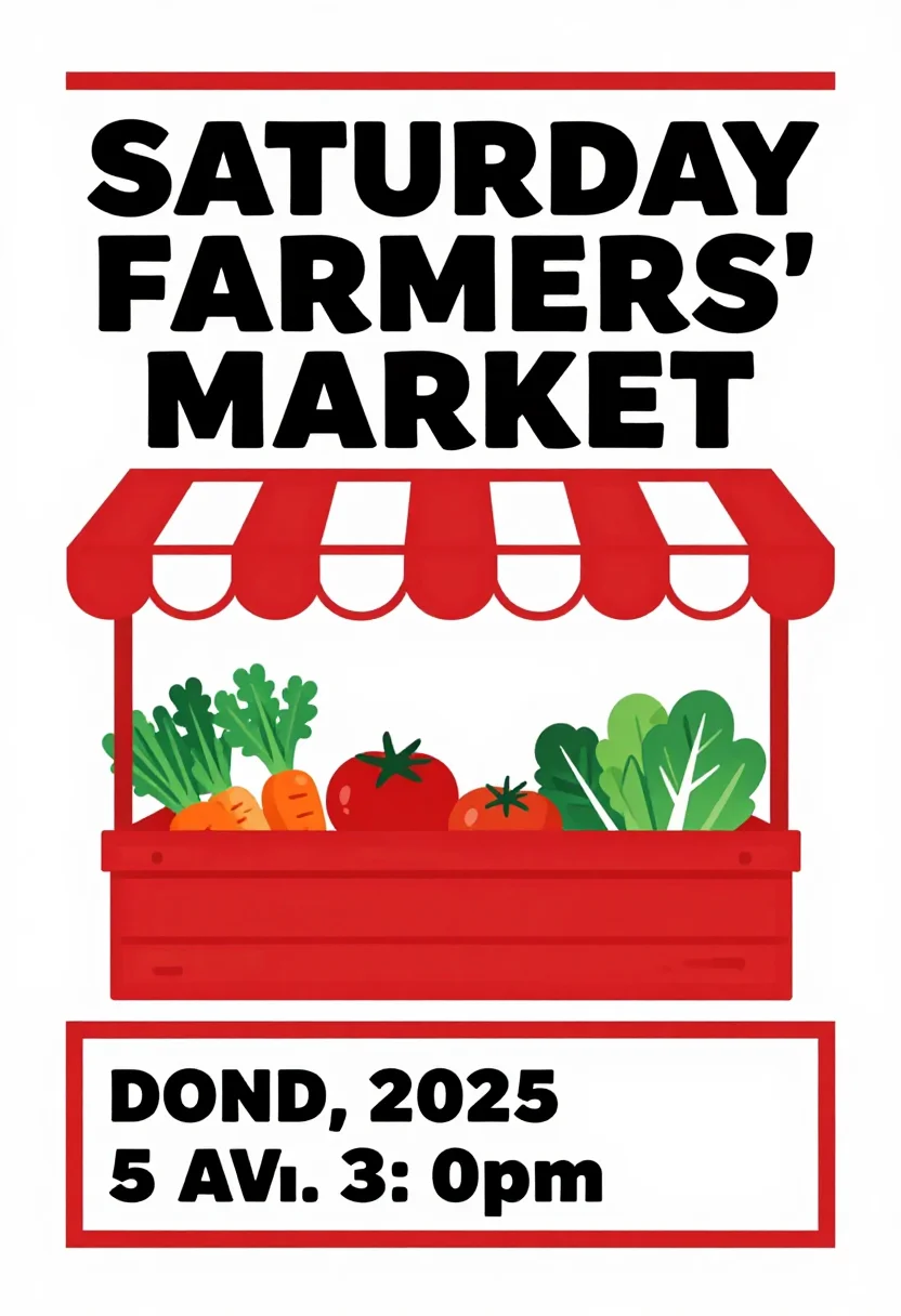 Event flyers — a farmers' market flyer titled "SATURDAY FARMERS' MARKET" over a crate of carrots, tomatoes and leafy greens under a striped awning, set as a type-led flyer, the title in a heavy condensed sans filling the top third, thick rules dividing the blocks and the illustration cut back to one flat silhouette