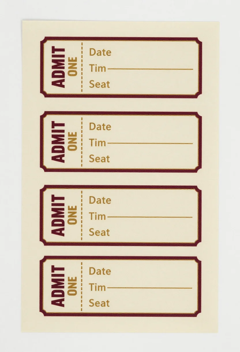 Event tickets — a sheet of six concert tickets with a music-note border, "ADMIT ONE" on the stub and blank labelled fields for date, time and seat, a vintage theatre ticket print with a thin double border and bold spaced capitals