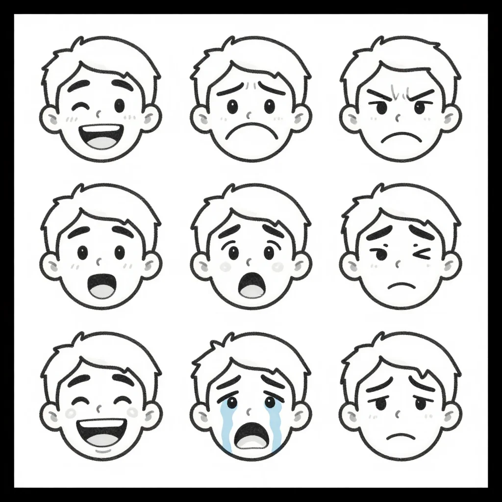 Expression sheets — a grid of nine heads of the same person showing happy, sad, angry, surprised, scared, disgusted, laughing, crying and neutral, a realistic head drawing in even contour lines, natural proportions, the hair simplified to its outline