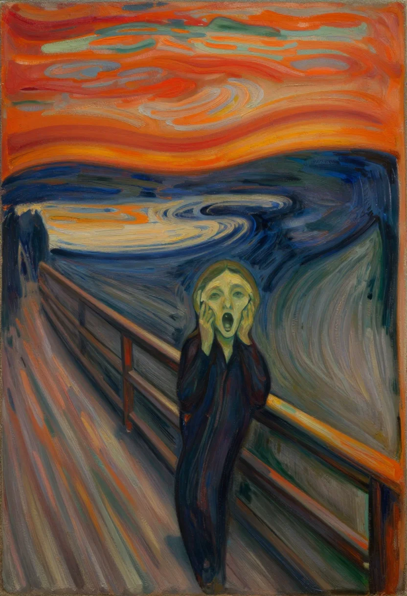 Expressionism — a lone figure on a wooden bridge clutching its face with both hands, mouth open, under wavy bands of orange and blood red above a dark fjord, Edvard Munch, long swirling strokes dragged through thin scraped paint, the whole scene bending with the same current