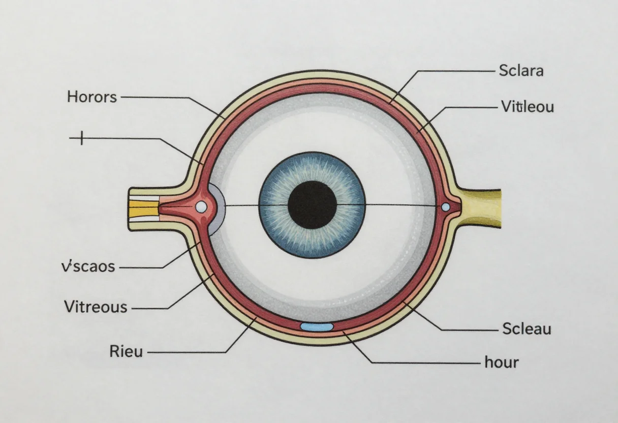 Eye diagrams — a cross-section of the human eyeball seen from the side, the cornea, iris, pupil, lens, ciliary muscle, retina, optic nerve, sclera and vitreous humour named on leader lines, a clean textbook line diagram, fine uniform black ink outline, no shading, no fills
