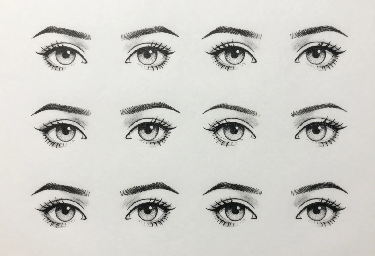 Eye drawing references — a sheet of eight single eyes in rows, almond, round, hooded, monolid, upturned, downturned, deep-set and wide-set, with lids, lashes and iris, clean black ink lineart of even weight, lids, crease and lashes as crisp lines, the iris and pupil outlined, no shading