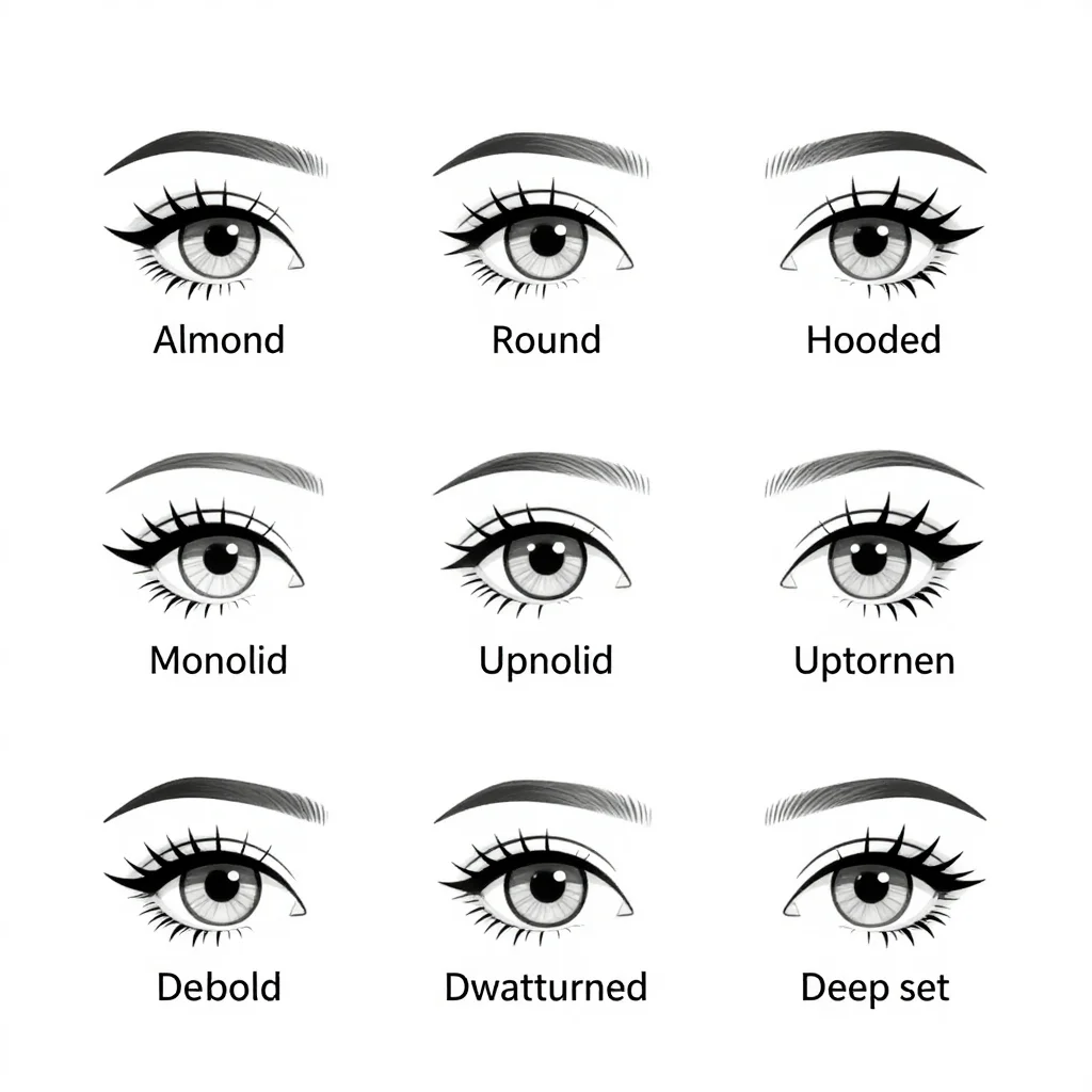 Eye shape charts — a grid of seven eyes labelled "Almond", "Round", "Hooded", "Monolid", "Upturned", "Downturned" and "Deep set", clean black line art with uniform thin outlines and lashes as fine strokes, no shading, no fills