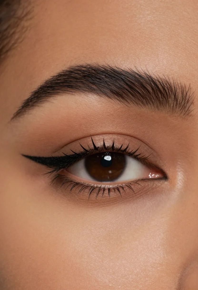 Eyeliner styles — a sharp black winged liner flicked up toward the tail of the brow, the line thin at the inner corner and thicker at the outer edge, a macro beauty close-up of a single open eye, the lash line razor sharp and the frame softening toward its edges