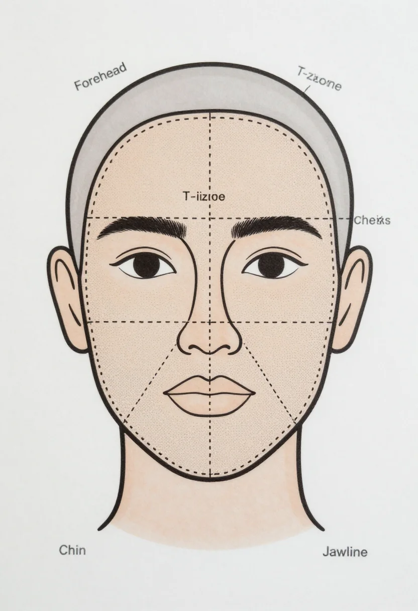 Face mapping charts — a front-facing face outline divided by dashed lines into zones labelled "Forehead", "T-zone", "Cheeks", "Chin" and "Jawline", each zone lightly shaded in its own tone, technical line art with uniform thin black outlines, each zone filled with fine stippled dots of its own density
