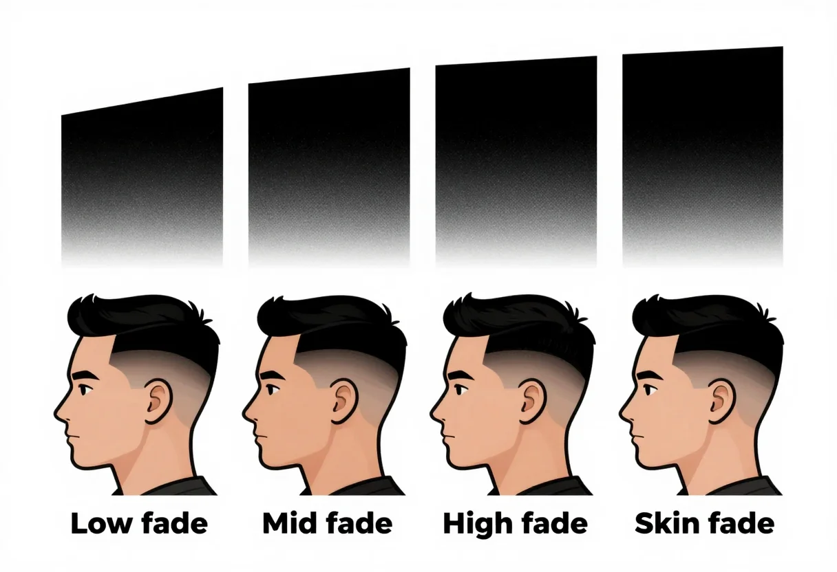 Fade charts — a row of four side-view heads labelled "Low fade", "Mid fade", "High fade" and "Skin fade", the fade line at a different height on each, barbershop poster line art with bold black outlines and the fade shaded in dense black stipple that thins upward