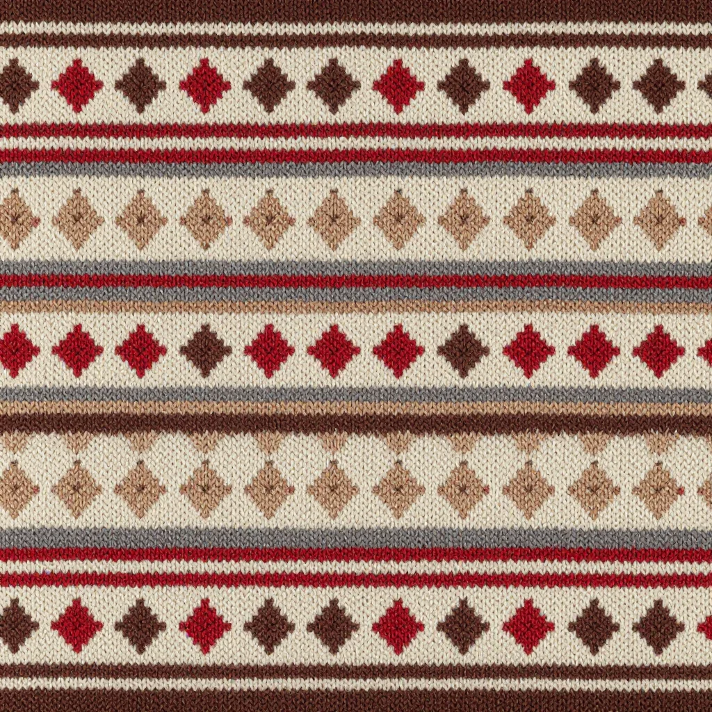 Fair Isle — A wide band of alternating hollow lozenges and crosses, each lozenge holding a single contrasting stitch at its centre, the band bordered above and below by a line of single alternating stitches, the stitch squares plainly visible., stranded colourwork knitted in the round in fine two-ply wool, never more than two colours to a row