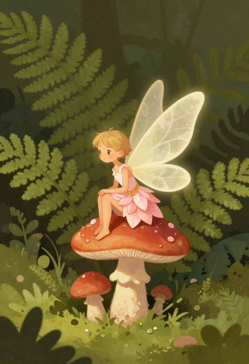 Fairies — a small fairy with translucent dragonfly wings perched on a red-capped mushroom in the shade of ferns, a dress of overlapping petals, bare feet crossed at the ankle and dew beading on the moss, a soft storybook illustration in gouache, gentle contour lines and the tooth of the paper showing through