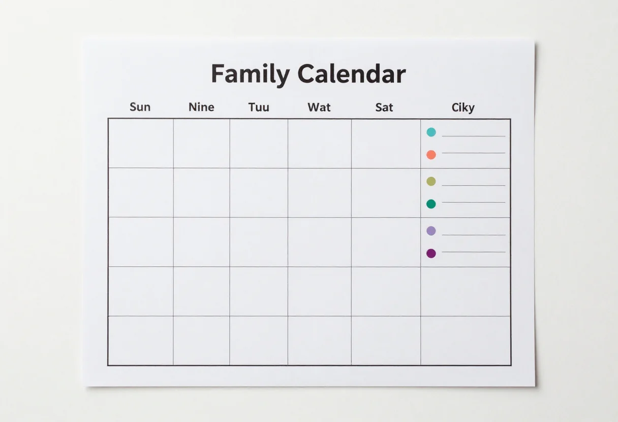 Family calendars — a landscape month calendar titled "Family Calendar" with seven columns "Sun" to "Sat", five rows of empty date boxes and a side key of five coloured dots each with an empty name line, a clean minimalist printable page, thin even black lines, a crisp sans-serif title and a spacious tidy layout