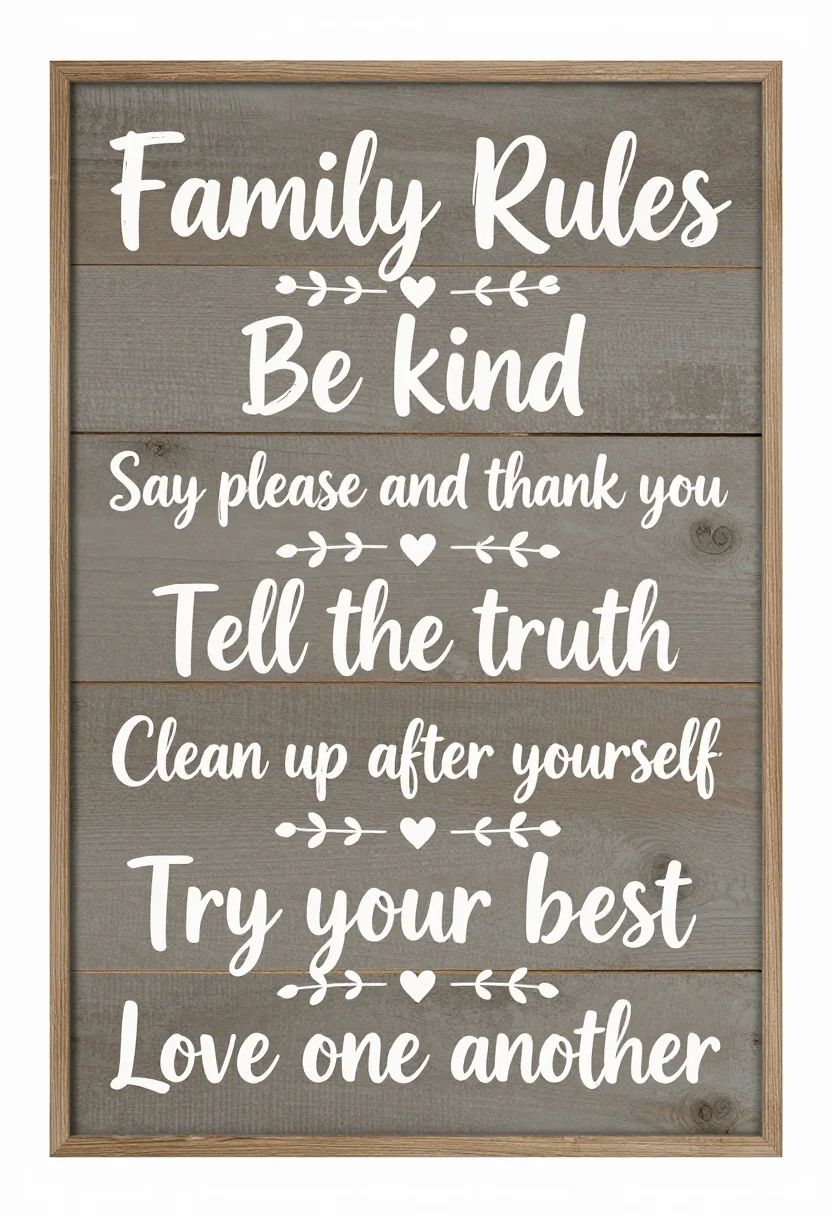 Family rules posters — a poster titled "Family Rules" with six lines "Be kind", "Say please and thank you", "Tell the truth", "Clean up after yourself", "Try your best" and "Love one another", rustic farmhouse sign, hand-painted brush script mixed with tall serif capitals, small hearts and leaf sprigs as dividers