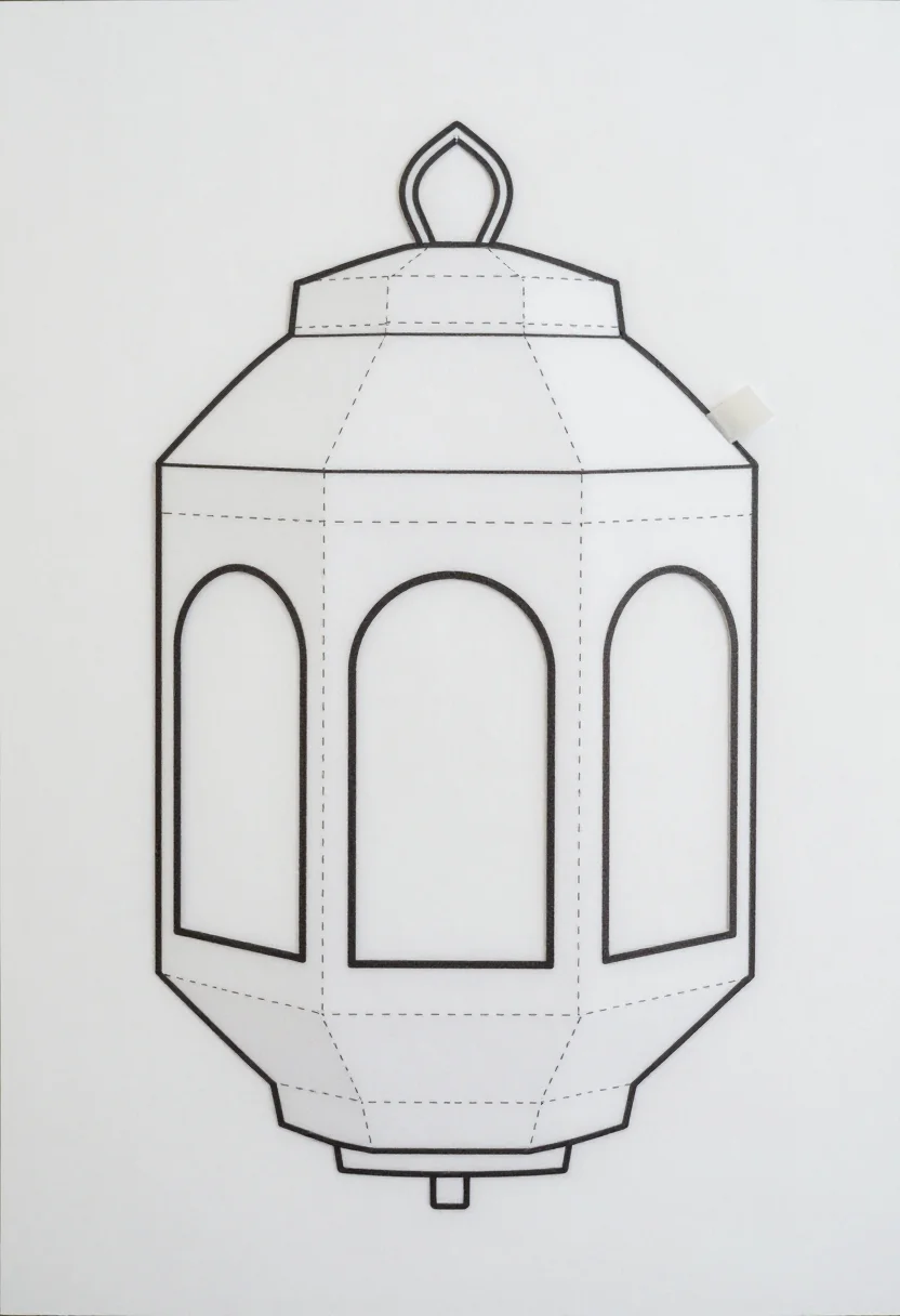 Fanous lantern templates — the flat net of a six-sided fanous, six tall panels side by side with arched windows to cut out, a pointed dome cap above and a glue tab at one end, a plain cutting template in a clean uniform line, the panels left empty to decorate by hand