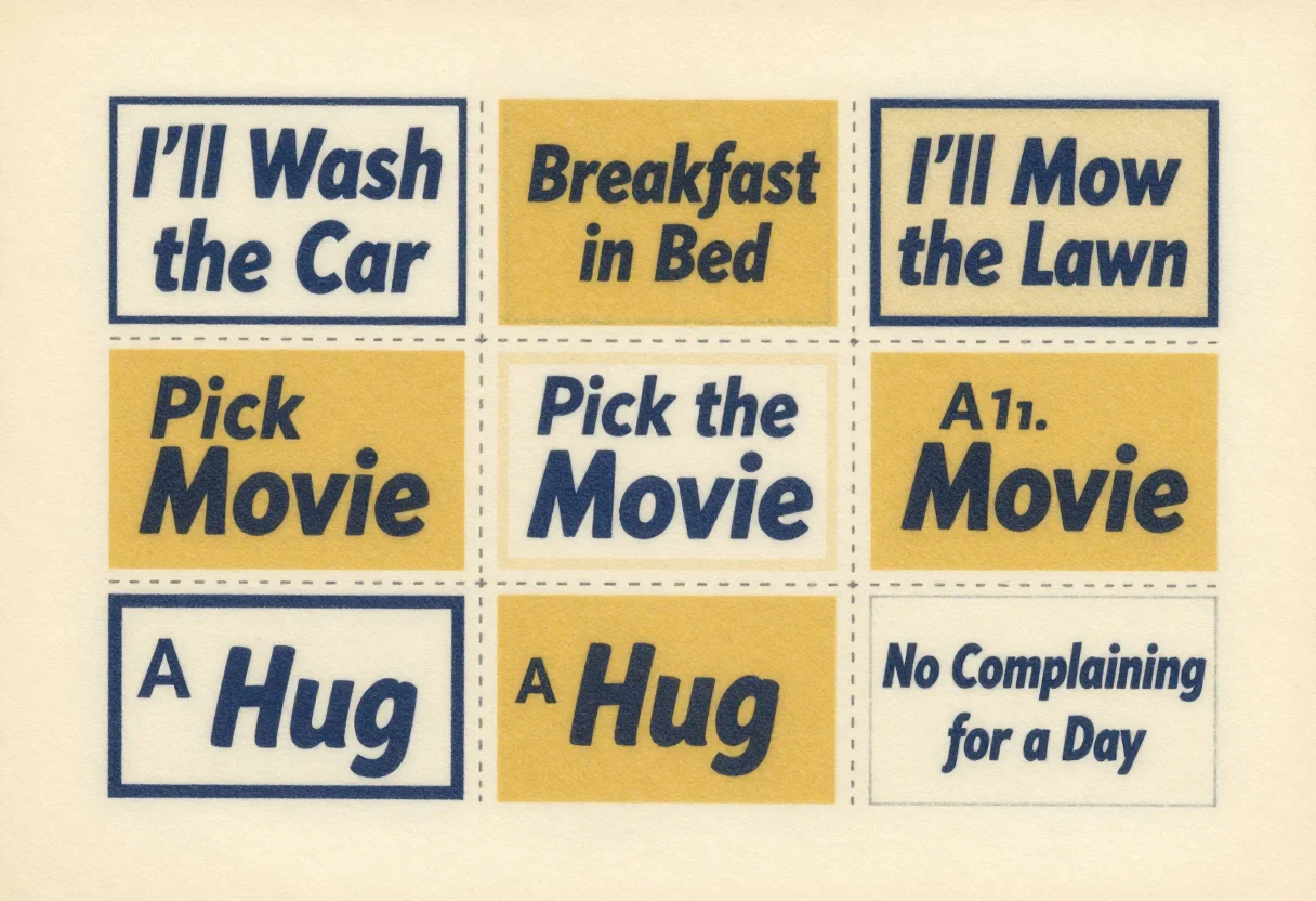 Father's Day coupons — a sheet of six coupons in a two-by-three grid with dashed cut lines, printed "I'll Wash the Car", "Breakfast in Bed", "I'll Mow the Lawn", "Pick the Movie", "A Big Hug", "No Complaining for a Day", mid-century screenprint look, two overprinted inks, visible grain and slight misregistration