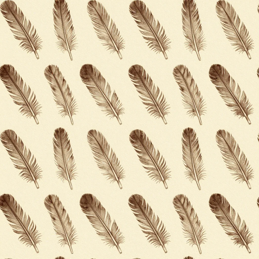 Feathers — Feathers the length of a grain of rice in even ranked rows, each a shaft with barbs indicated by fine strokes, all leaning one way, small guinea-fowl spots filling the ground between., feather repeat, a shaft with barbs combed out either side and split near the tip, laid in offset rows all leaning one way, a banded marking crossing every vane, fine engraved barbs on a warm ground