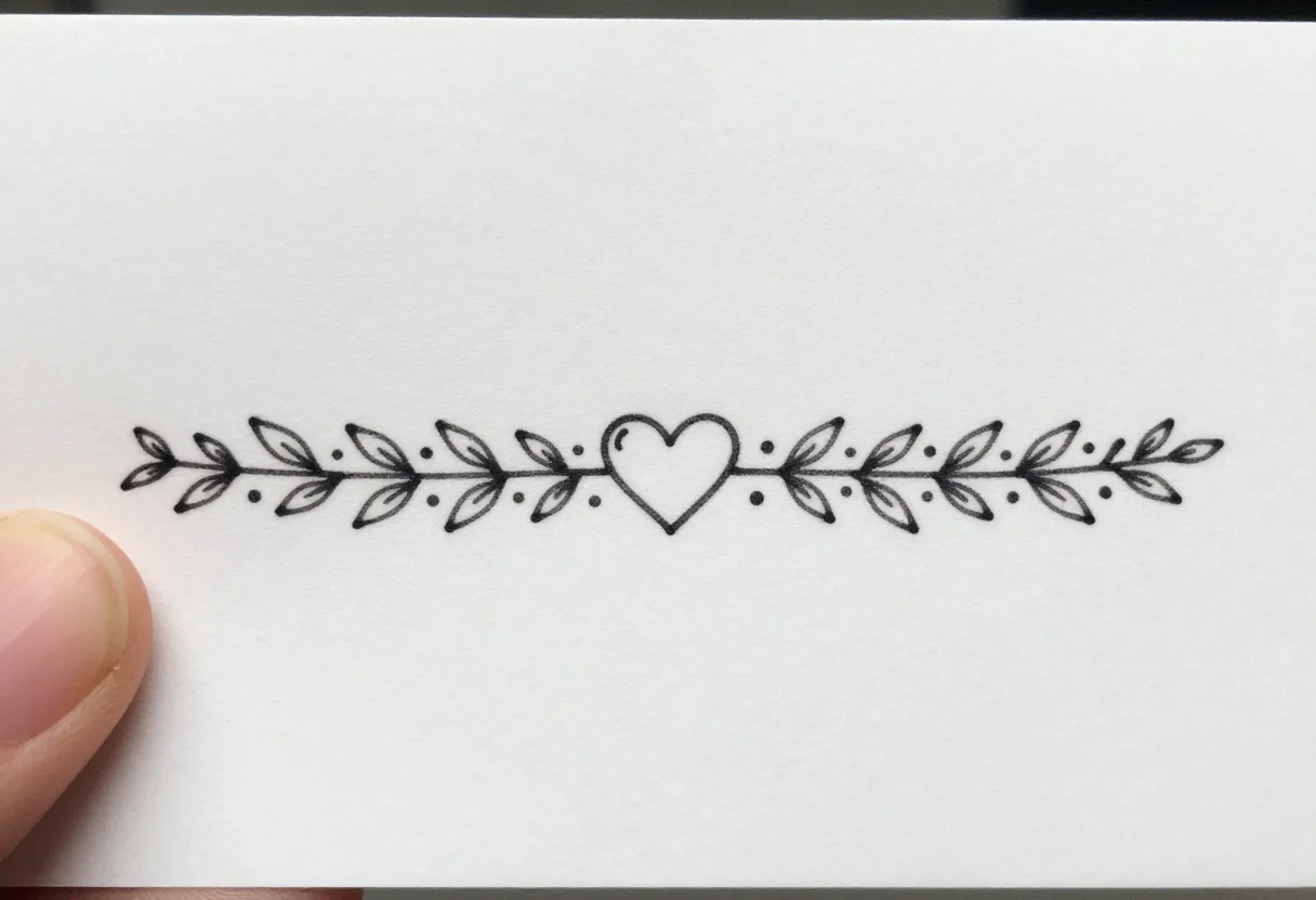 Finger tattoos — a thin band of tiny leaves and dots drawn as a ring, shown flat as a short strip, with one small heart where a stone would sit, single-needle fine line work of one even thin weight, the shapes left open and no shading at all