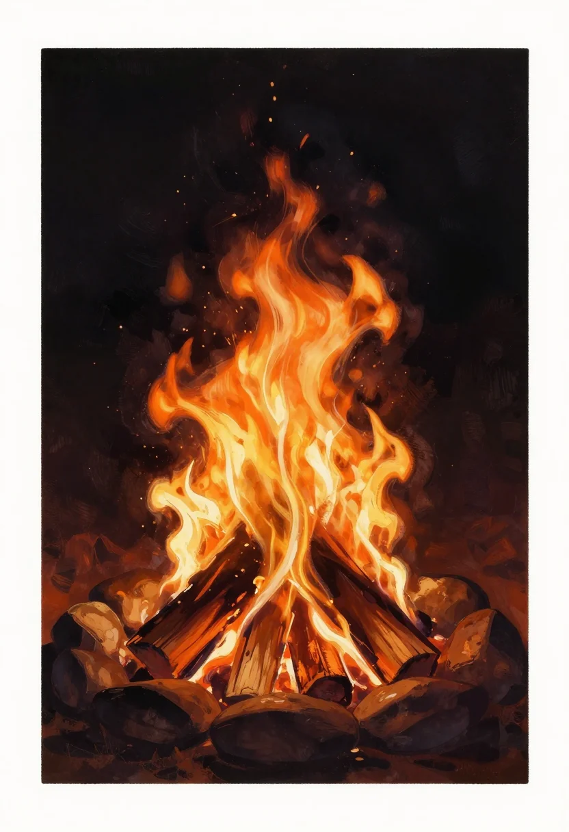 Fire — a campfire of stacked logs burning inside a ring of stones at night, orange tongues rising and sparks drifting up into the dark, a painted print in loose brushwork, the heat glowing out of a deep black ground and the edges of the flame left soft